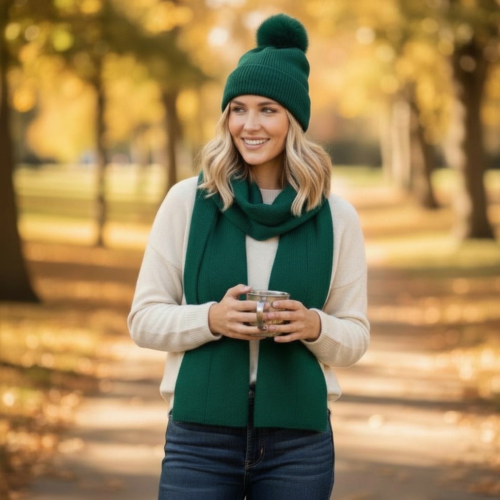 NWT On 34th Women’s Multi Stitch Knit Scarf‎ & Matching Hat with Pom Pom Green
